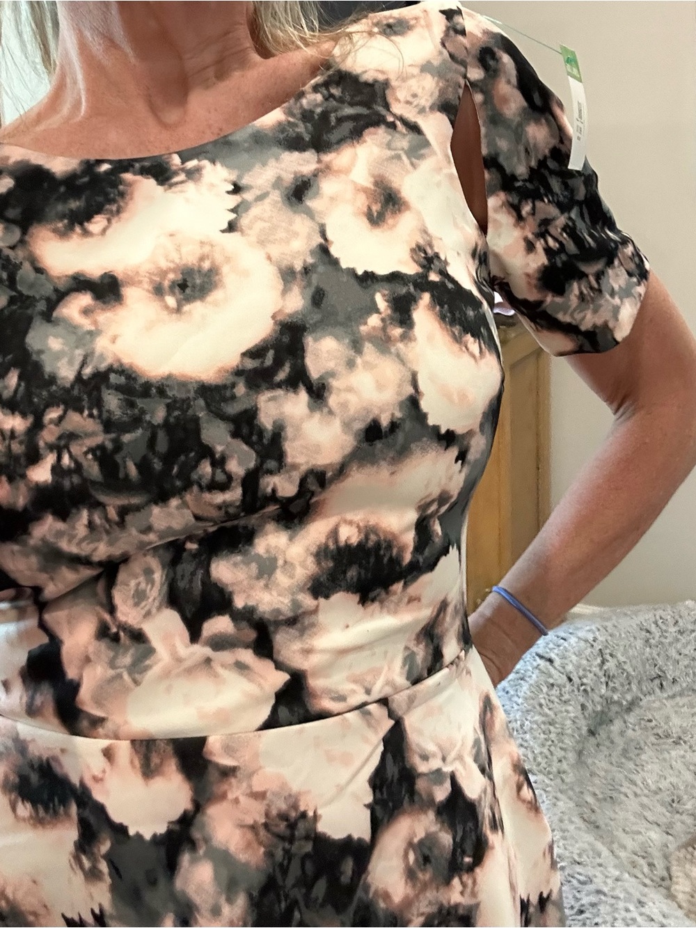 Necessary Objects Floral-Print Fit & Flare Dress in Blush and Black SZ L NWT